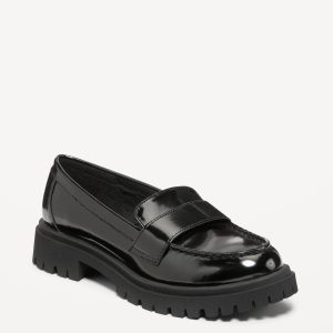 Faux-Leather Chunky Heel Loafers