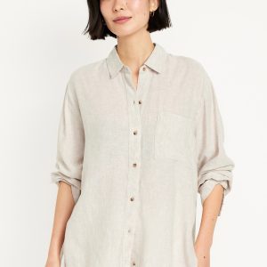 Linen-Blend Loose Button-Down Shirt