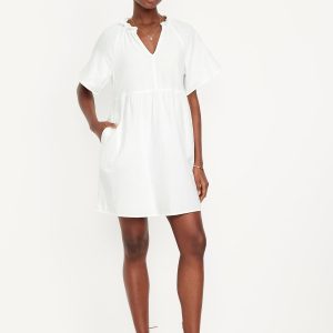 Split-Neck Crinkle Gauze Mini Swing Dress