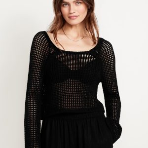 Open-Stitch Cropped Bouclé Sweater