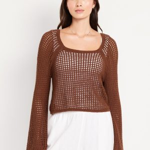 Open-Stitch Cropped Bouclé Sweater