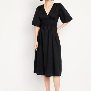 Waist-Defined Puff-Sleeve Midi Dress