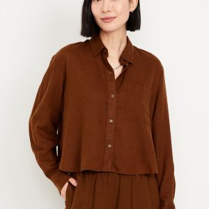 Linen-Blend Button-Down Crop Shirt