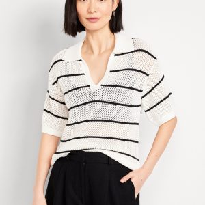 Open-Stitch Polo Sweater