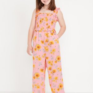 Sleeveless Smocked Ruffle-Trim Jumpsuit for Girls