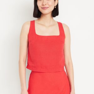 Square-Neck Linen-Blend Crop Tank Top
