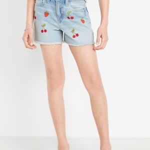 High-Waisted Embroidered Frayed-Hem Jean Shorts for Girls
