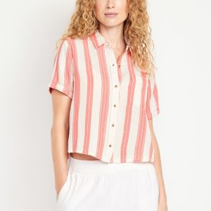 Crinkle Gauze Button-Down Striped Shirt