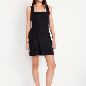 Square-Neck Linen-Blend Mini Dress