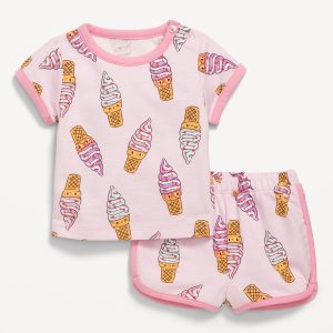 Printed French-Terry Ringer T-Shirt and Shorts Set for Baby