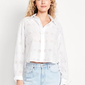 Cropped Button-Down Eyelet Shirt