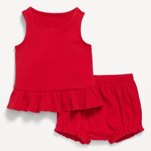 Sleeveless Ribbed Ruffle-Trim Top and Shorts Set for Baby