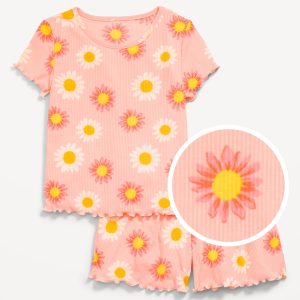Ribbed Lettuce-Edge Pajama Top and Shorts Set for Girls