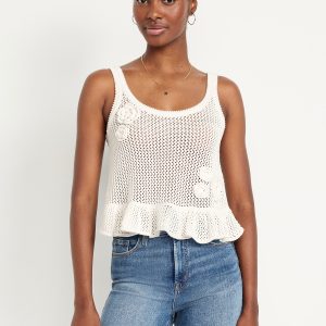 Sleeveless Open-Stitch Peplum Sweater