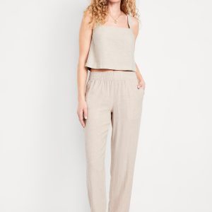 High-Waisted Linen-Blend Straight Ankle Pants