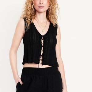 Sleeveless Crochet Tie-Front Top