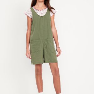 Sleeveless Double-Weave Pocket Romper for Girls