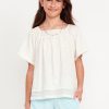 Short Flutter-Sleeve Crochet-Trim Top for Girls