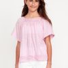 Short Flutter-Sleeve Crochet-Trim Top for Girls