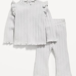 Cozy Long-Sleeve Ribbed Ruffle-Trim Top and Pants Set for Baby