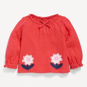 Long-Sleeve Embroidered Double-Weave Top for Baby
