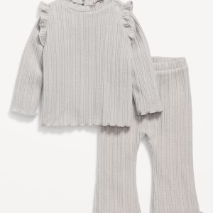 Cozy Long-Sleeve Ribbed Ruffle-Trim Top and Pants Set for Baby