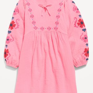 Long-Sleeve Double-Weave Embroidered Swing Dress for Girls