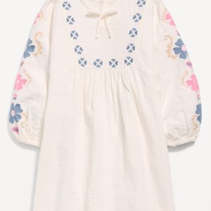 Long-Sleeve Double-Weave Embroidered Swing Dress for Girls