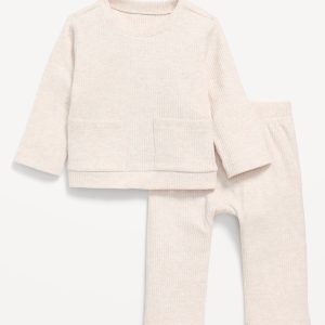 Long-Sleeve Ribbed Pocket T-Shirt and Pants Set for Baby