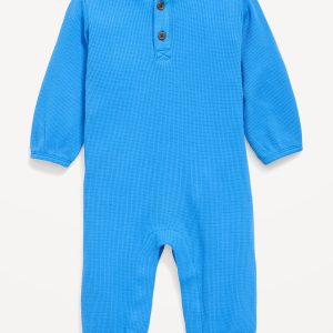 Long-Sleeve Waffle-Knit Henley One-Piece for Baby