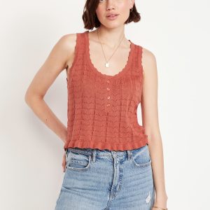 Sleeveless Pointelle Cropped Henley Top