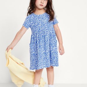 Short-Sleeve Ribbed Fit and Flare Pocket Dress for Toddler Girls