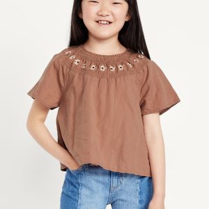Short-Sleeve Textured Embroidered Top for Girls