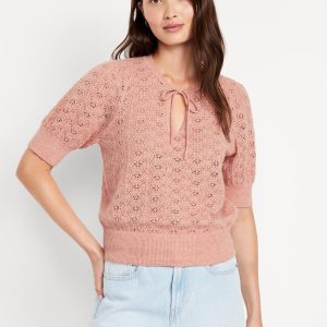 Wool-Blend Puff-Sleeve Tie-Neck Sweater