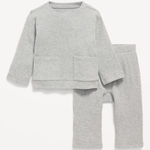 Long-Sleeve Ribbed Pocket T-Shirt and Pants Set for Baby