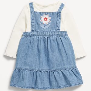 Long-Sleeve Ribbed T-Shirt and Chambray Dress Set for Baby