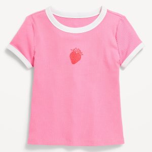 Fitted Short-Sleeve Ribbed Graphic Ringer T-Shirt for Girls