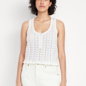 Sleeveless Pointelle Cropped Henley Top