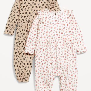 Printed Long-Sleeve Ruffle-Trim One-Piece 2-Pack for Baby