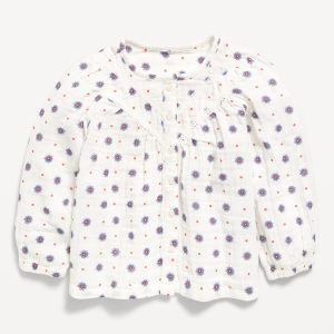 Printed Long-Sleeve Double-Weave Button-Front Top for Toddler Girls