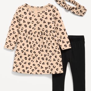Printed Long-Sleeve Dress, Leggings and Headband for Baby