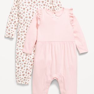 Printed Long-Sleeve Ruffle-Trim One-Piece 2-Pack for Baby